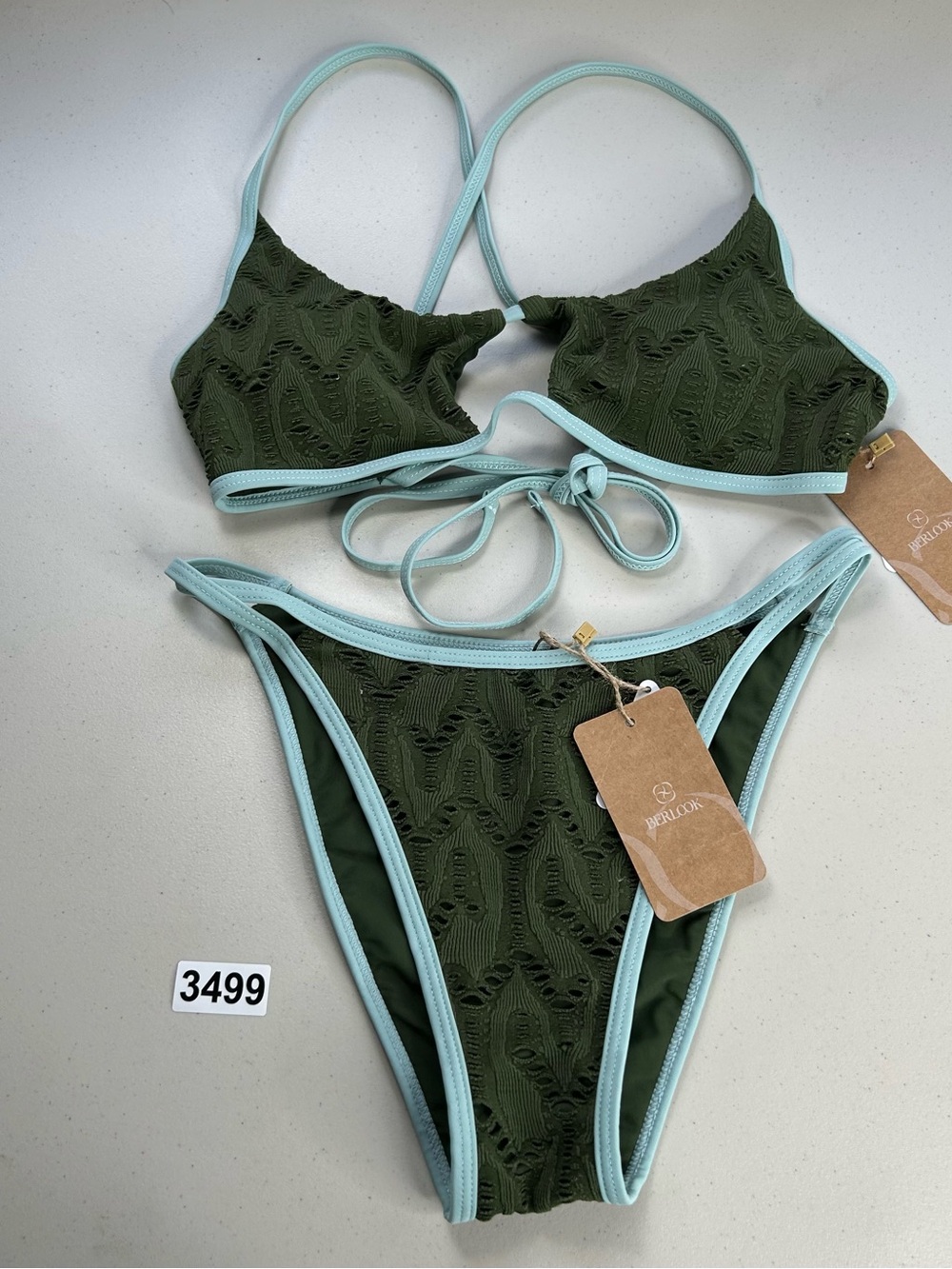 Berlook Bikini Set Small Dark Green Textured Cutout New